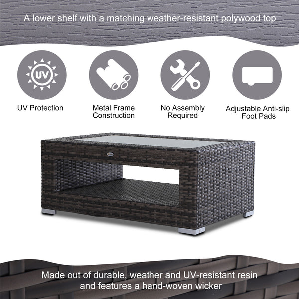 2-Tier Rattan Patio Coffee Table Outdoor Side Table PE Wicker Patio Garden Tea End Desk with Tempered Glass Top & Storage for Balcony, Backyard, Poolside
