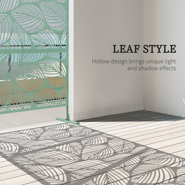 Decorative outdoor metal screen with stand, leaf pattern, light green