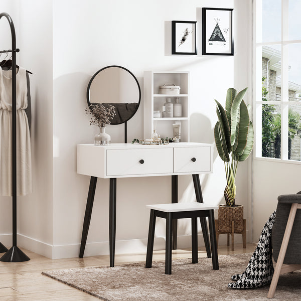 Dressing table with stool, drawers and shelf, white and black
