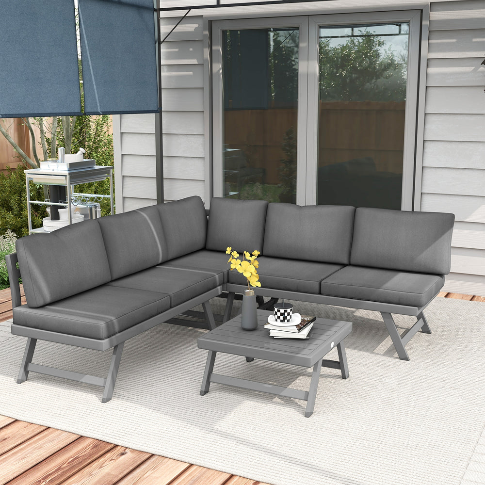4-piece Convertible Corner Garden Lounge Set with 2 sofas, 1 corner chair and 1 coffee table, grey