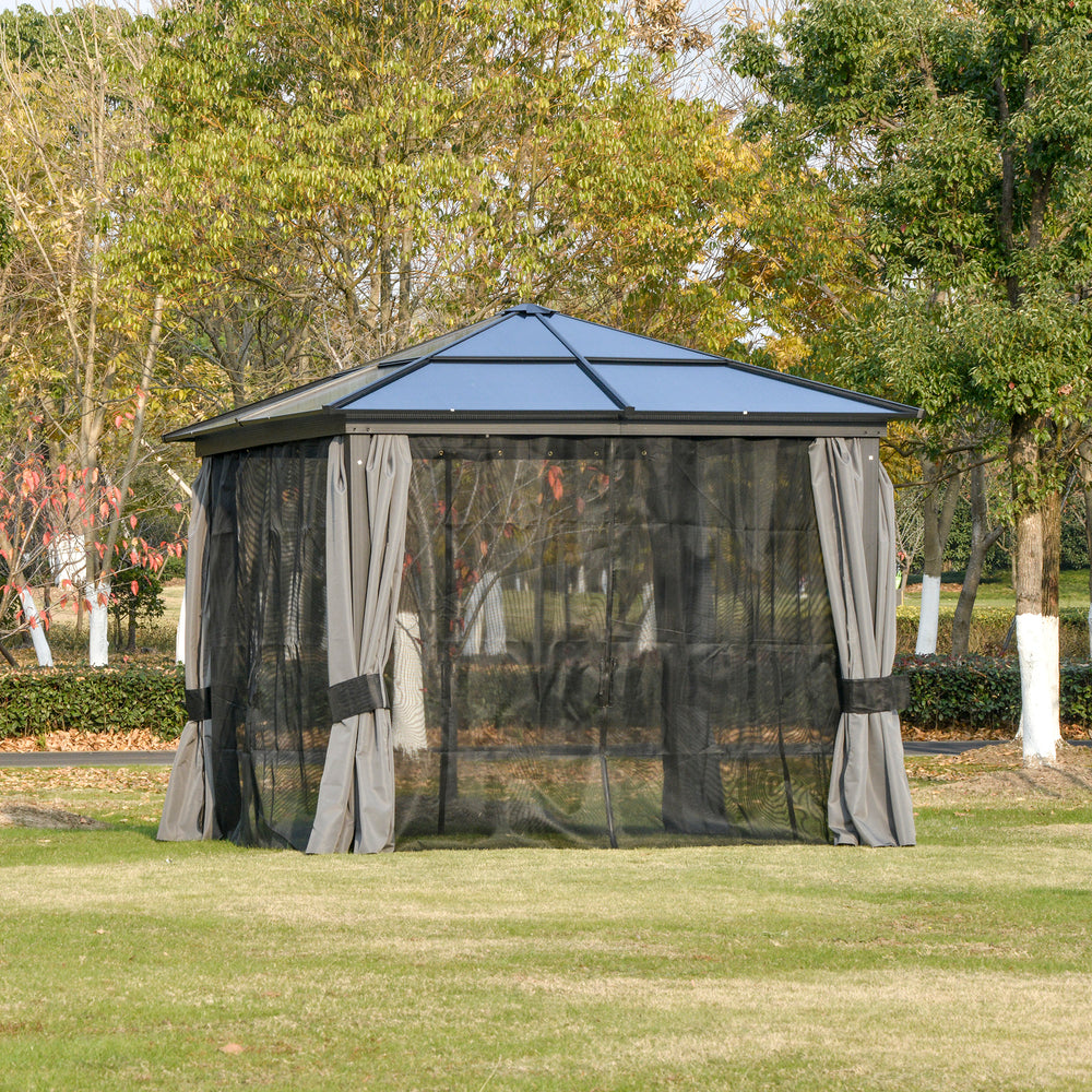 Rigid 10x10 gazebo with aluminum frame, polycarbonate canopy with curtains and mosquito net