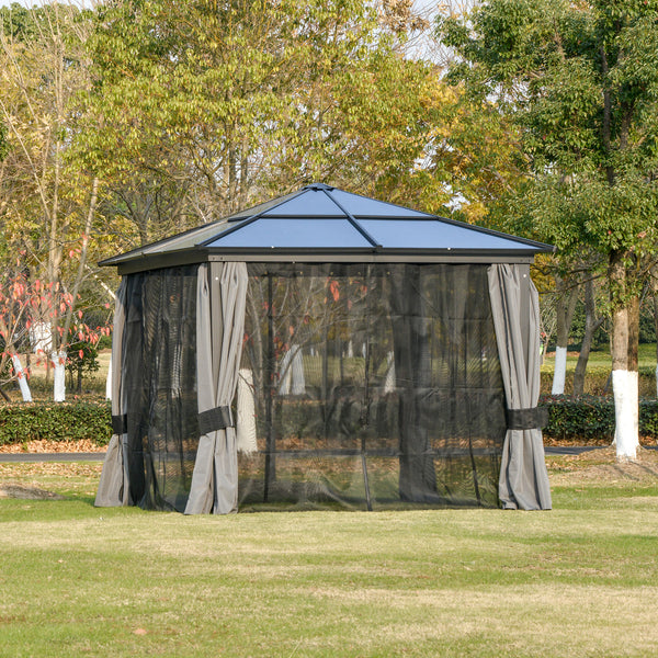 Rigid 10x10 gazebo with aluminum frame, polycarbonate canopy with curtains and mosquito net