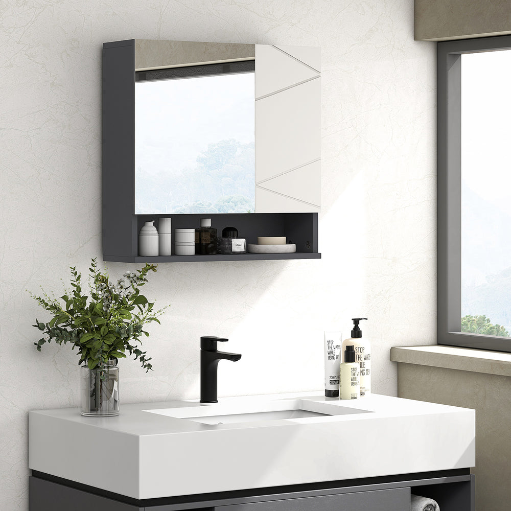 Wall-mounted bathroom cabinet with mirror, adjustable shelf, and soft-close mechanism, light gray