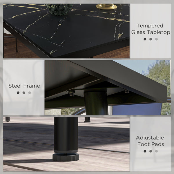 Outdoor dining table with tempered glass top with marble effect, black