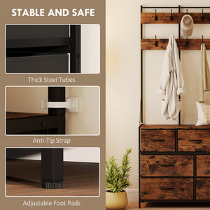 4-in-1 Coat Rack with Fabric Chest of Drawers, Rustic Brown 