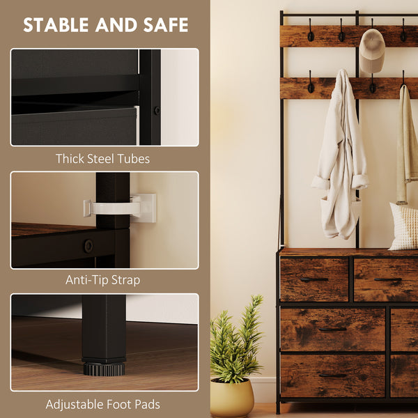 4-in-1 Coat Rack with Fabric Chest of Drawers, Rustic Brown 