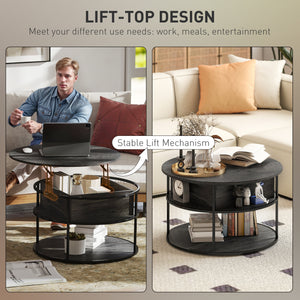 Round coffee table with storage shelf, aged dark gray