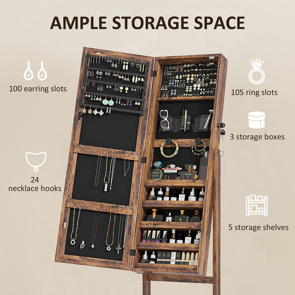 Lockable Jewelry Cabinet with LED Lighting and Storage, Rustic Brown