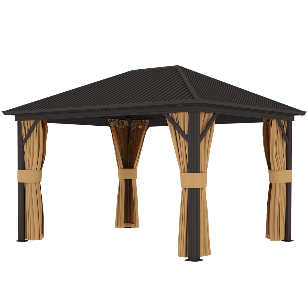 Gazebo 10 x 12 pieds avec toit rigide en métal, cadre en aluminium robuste et filets en maille anti-insectes, couleur marron, parfait pour terrasse ou jardin