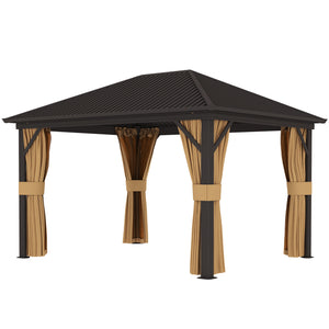 10' x 12' Gazebo with Hardtop Metal Roof and Aluminum Frame, Mesh Netting, Brown