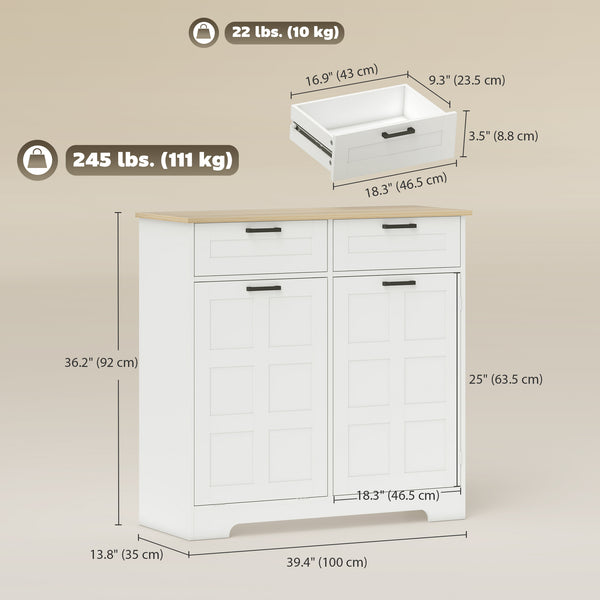 13 Gallon Tilt-Out Trash Can Cabinet with 2 Drawers, Door Shelves and Adjustable Shelves, White.