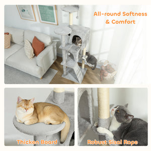 160cm Cat Tree with Scratching Posts, Cabins, Perches, Hammock, Ladder, Light Grey
