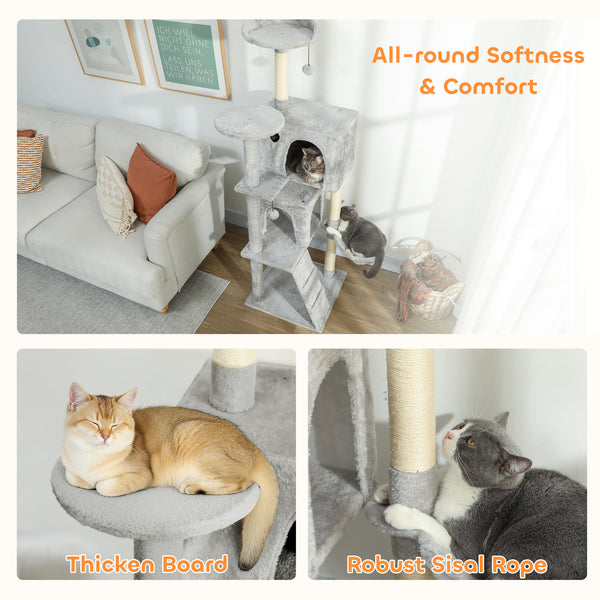160cm Cat Tree with Scratching Posts, Cabins, Perches, Hammock, Ladder, Light Grey