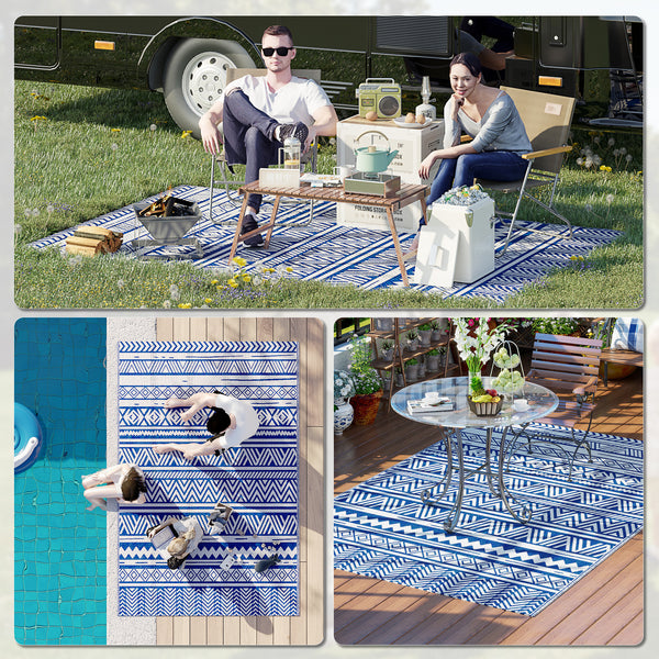 Patio Floor Mat, 6' x 9' Plastic Mat for Garden, Patio, Beach, Camping, Dark Blue and White