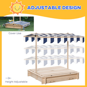 Wooden sandbox with adjustable canopy and convertible bench