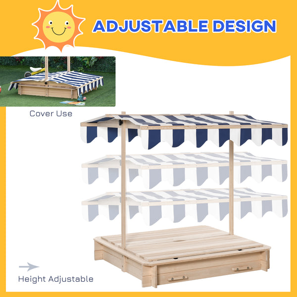 Wooden sandbox with adjustable canopy and convertible bench