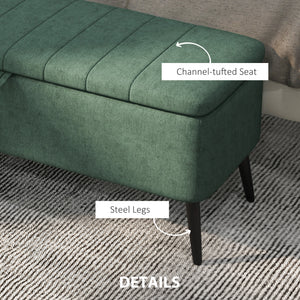 Linen Upholstered Storage Pouf with Steel Legs, Dark Green