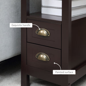 Narrow side table with 2 drawers and storage shelf, coffee