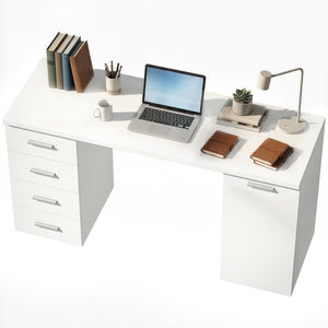 Computer desk with adjustable shelf, drawers and cabinet, white wood look.