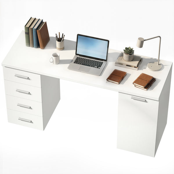 Computer desk with adjustable shelf, drawers and cabinet, white wood look.