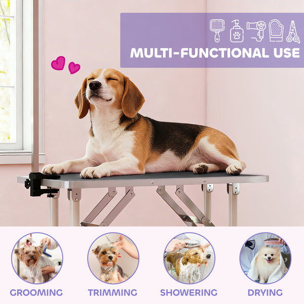 Foldable grooming table with adjustable arm and non-slip surface, black