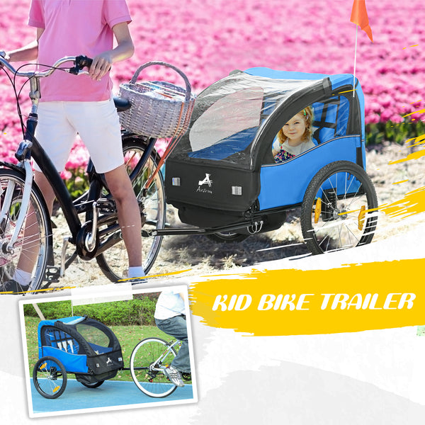 2-seater child bike trailer with 5-point harness, blue