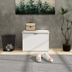 Hallway bench with upholstered seat and drop-down drawers, white