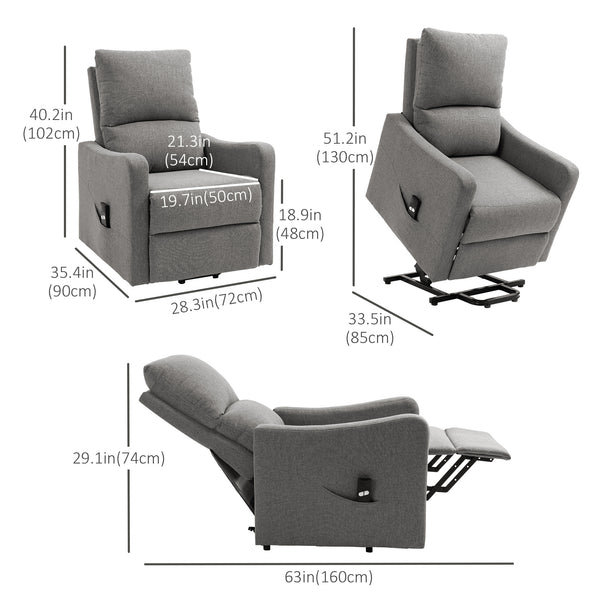 Electric Lift-Up Fabric Recliner Chair with Remote Control and Side Pocket, Grey