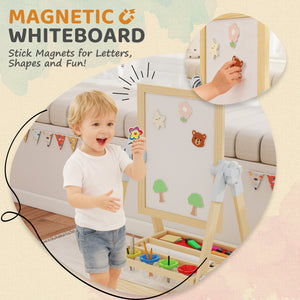 Double-sided wooden art easel with height-adjustable chalkboard and magnetic whiteboard, natural