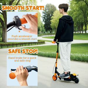 Foldable electric scooter with seat and two adjustable heights, orange