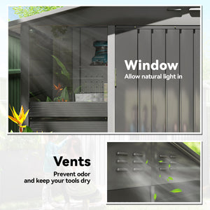 Metal garden shed with 2 windows, 4 vents, lockable doors and mosquito nets, dark grey