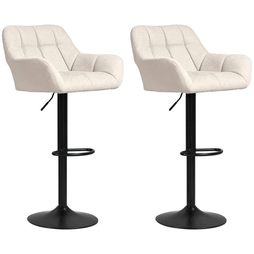 Set of 2 adjustable bar stools with footrests and armrests, cream white