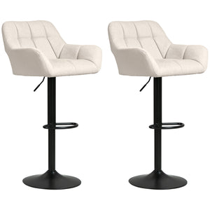 Set of 2 adjustable bar stools with footrests and armrests, cream white
