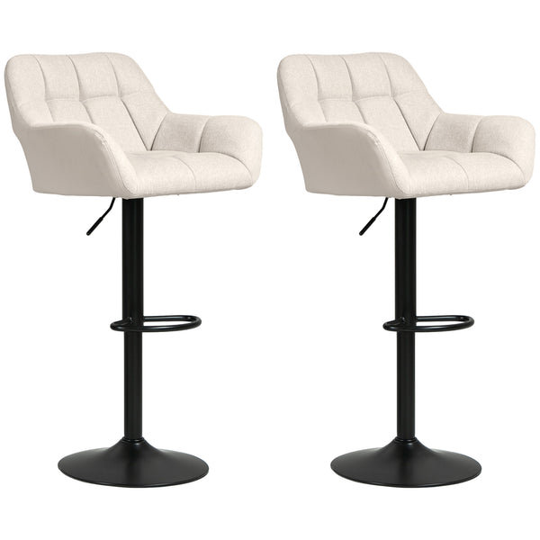 Set of 2 adjustable bar stools with footrests and armrests, cream white