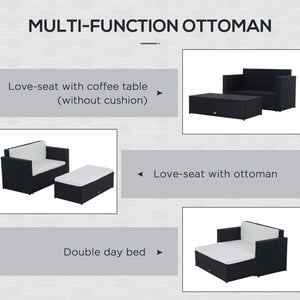 2 Piece Wicker Living Room Set with Loveseat and Two Seater Ottoman, Cream White