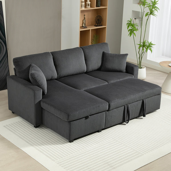 81" Sofa Bed, 2 In 1 Pull Out Sleeper Sofa Bed with Storage, Corduroy Convertible Couch for Living Room, Dark Grey