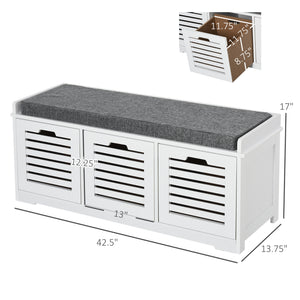 Padded storage bench with cushion and 3 drawers, white