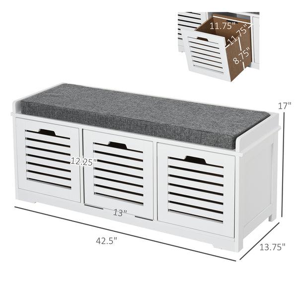 Padded storage bench with cushion and 3 drawers, white