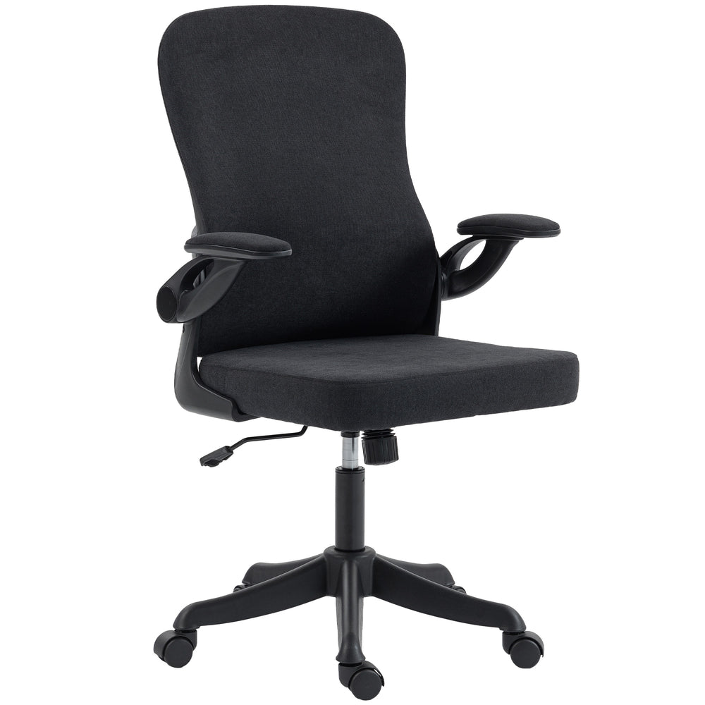 Ergonomic swivel office chair with adjustable lumbar support and height, flip-up armrests, casters, black