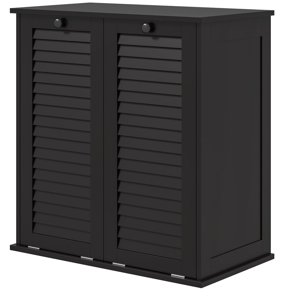 Tilting laundry basket cabinet with 2 baskets and 2 louvered doors, black