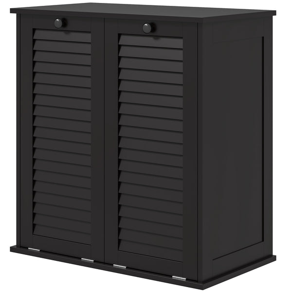 Tilting laundry basket cabinet with 2 baskets and 2 louvered doors, black