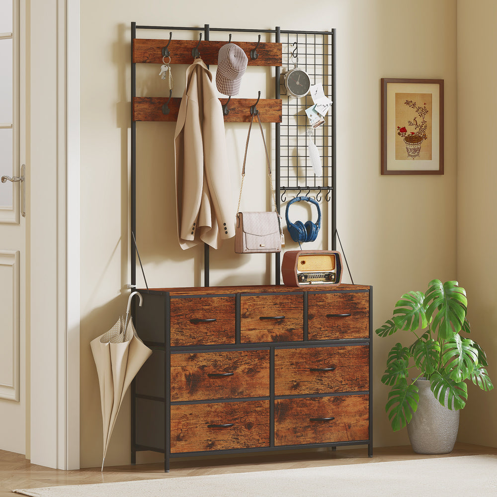 4-in-1 Coat Rack with Fabric Chest of Drawers, Rustic Brown 