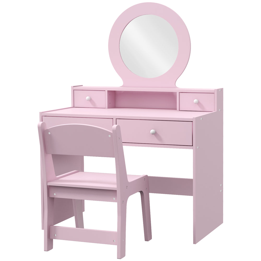 Dressing table with mirror, stool and storage drawers, pink