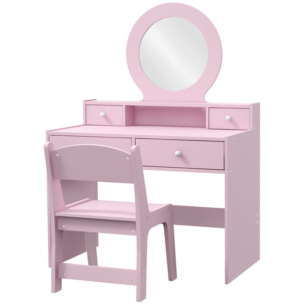 Dressing table with mirror, stool and storage drawers, pink