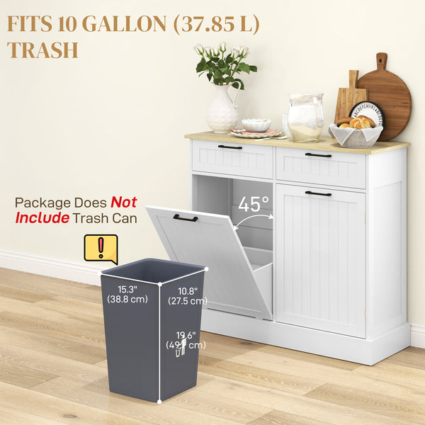 Tilt-out trash can cabinet with 2 drawers, white