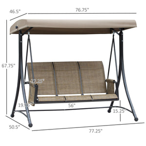 Swing chair for 3 people with high backrest and adjustable canopy, brown