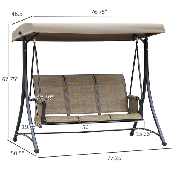 Swing chair for 3 people with high backrest and adjustable canopy, brown