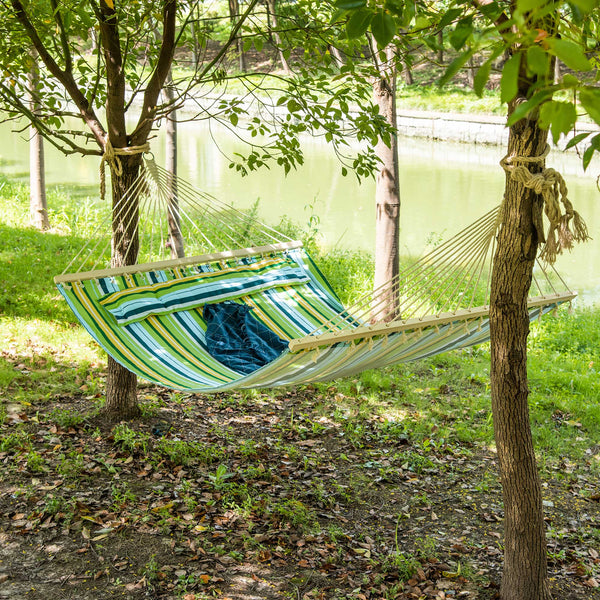 Double hammock for 2 people with pillow, green and blue stripes
