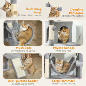 Large 193 cm cat tree with 8 scratching posts, 3 soft beds, 2 hammocks, 2 large shelters and a ramp, light grey