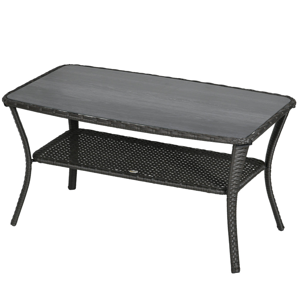 Outdoor Patio PE Rattan Coffee Table with Storage Shelf, Wicker Side Table with Glass Top, Black